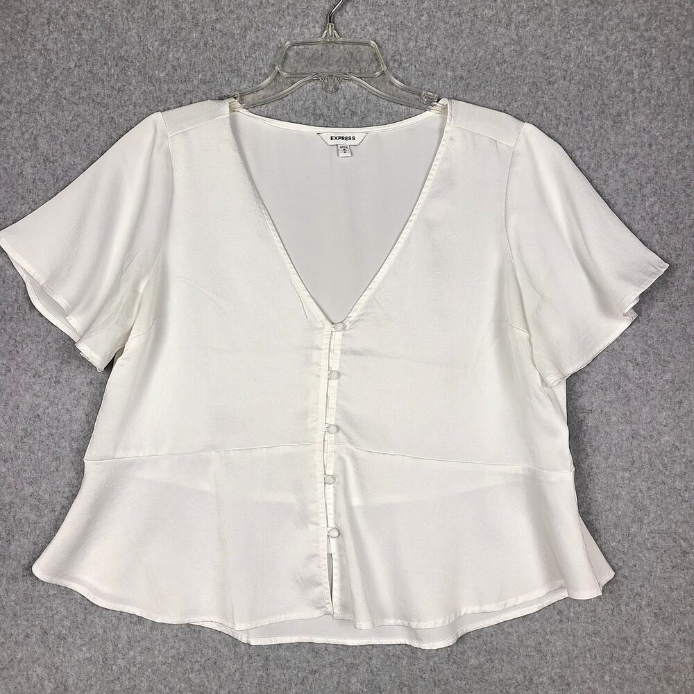 Express Cropped Peplum V-Neck Button Top - Medium- White Coquette Coastal Chic - Picture 1 of 7